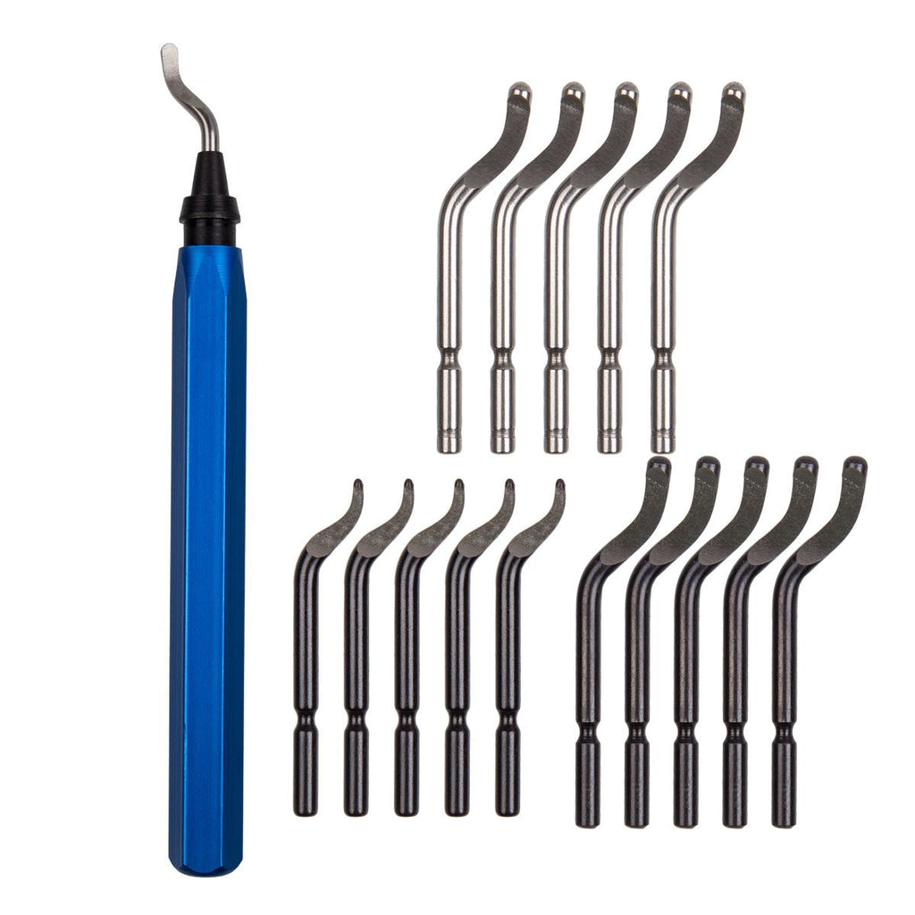  [AUSTRALIA] - Acrux7 Metal Deburring Tool Kit, 15pcs Rotary Deburr Blades Set with Handle Debur Knife, Great Burr Remover Hand Tool Aluminum Deburring Tool for Plastic, Wood, Copper and Steel (Blue)