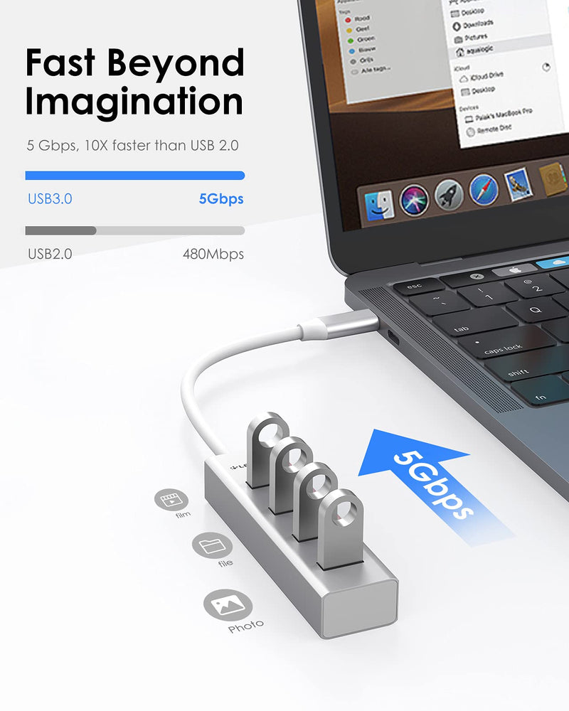  [AUSTRALIA] - LENTION USB C Hub with 4 USB 3.0 Ports Compatible 2021-2016 MacBook Pro 13/15/16 M1, Mac Air & Surface, iPad Pro, Chromebook, More, Stable Driver Certified Ultra Slim Adapter (CB-C22s, Silver)