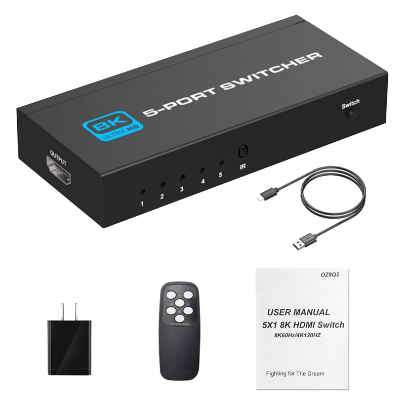  [AUSTRALIA] - NEWCARE HDMI 2.1 Switch, Ultra HD 8K HDMI Switch Box with Remote Supports 4K@120Hz, 8K@60Hz Auto CEC 3D HDCP2.3, 5 Port HDMI Switcher Compatible with PS5/4/3, Xbox,roku, Fire Stick, TV,Projectors 5 ports hdmi switch