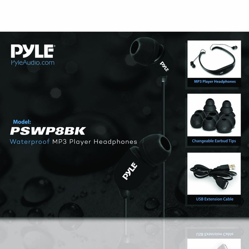  [AUSTRALIA] - Pyle Waterproof MP3 Music Player Headphones - Marine Grade IPX8 Waterproof Rating w/ Built-in Rechargeable Battery, 8GB Memory & FM Radio, Charges Via USB Port, LED Indicator Lights PSWP8BK