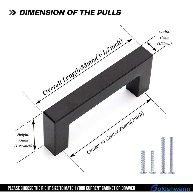  [AUSTRALIA] - Goldenwarm 1 Pack Black Square Bar Cabinet Pull Drawer Handle Stainless Steel Modern Hardware for Kitchen and Bathroom Cabinets Cupboard, Center to Center 3in (76mm) 3 Inch Hole Centers