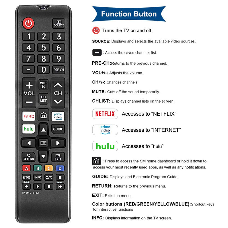 Gvirtue BN59-01315A BN59-01315D Replacement for Samsung Remote Control and Smart 4K Ultra UHD Curved Series 8/7/ 6 TV HDTV LED, UN 32/40/ 43/50/ 55/58/ 65/75 inch N/NU/RU Series 5300 6900 710D - LeoForward Australia