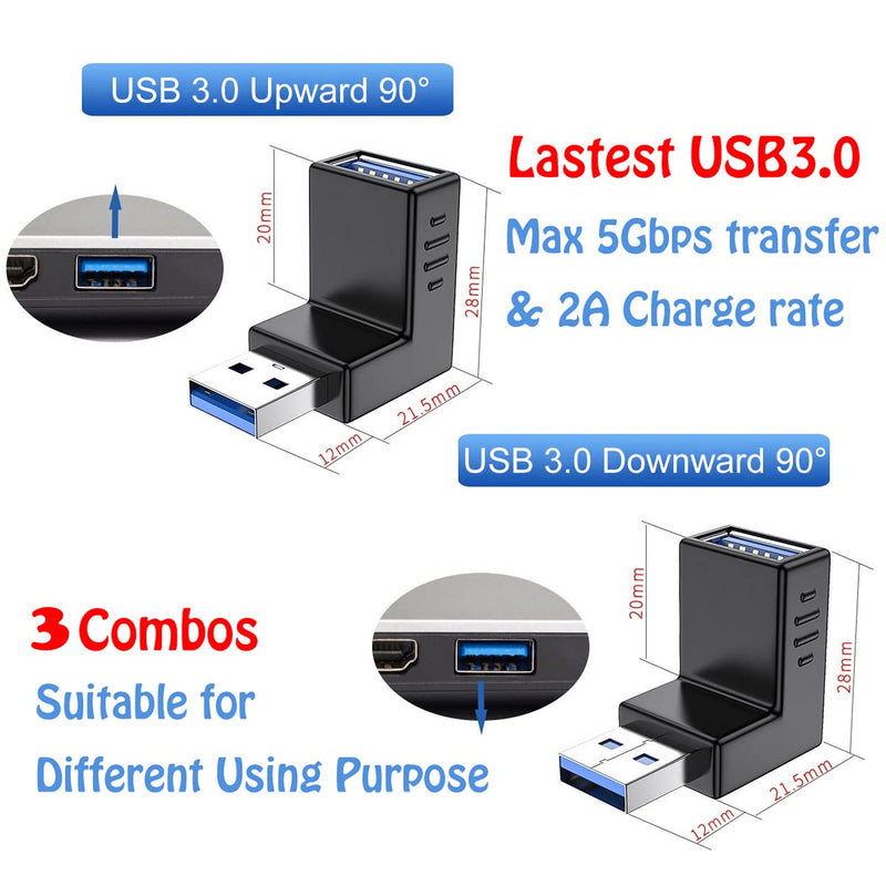  [AUSTRALIA] - Warmstor 4-Pack USB 3.0 Male to Female Adapter 90 Degree Up Angle and Down Angle USB Cable Extender Connector - Upgraded Version Max 2A Charging Speed