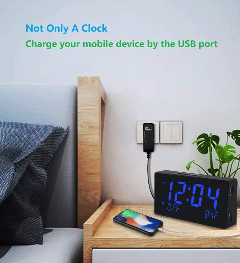  [AUSTRALIA] - LED Digital Alarm Clock with USB Charger Port, Temperature, Snooze, Dimmable, Adjustable Alarm Volume, 12/24 Hour, Simple Operation Clocks for Bedroom and Living Room (Blue) Blue LED