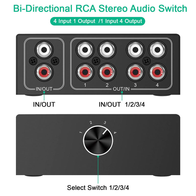  [AUSTRALIA] - 4-Port Bi-Directional Audio Switcher, 4-Way Stereo L/R Sound Channel 1 in 4 Out or 4 in 1 Out, L/R Sound Channel Audio Switch Splitter RCA Stereo Switch Selector for DVD Stereo Speaker CD Player RCA switch 1*4-4*1