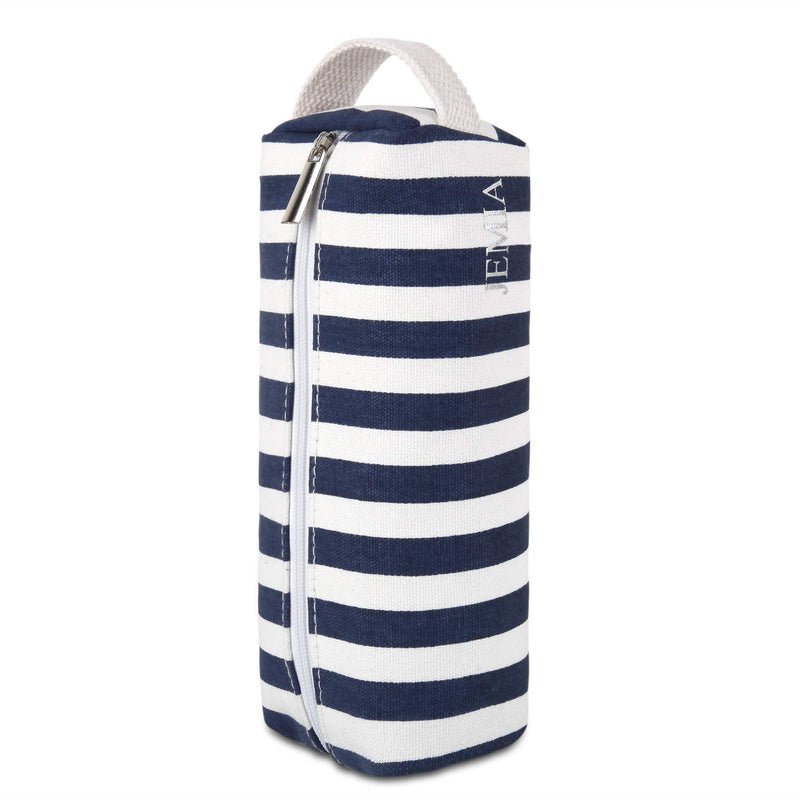 JEMIA Single Compartments Collection 1 Independent Zipper Chambers with Handle Strap Pencil Case (Blue White Stripes, Canvas, Large) 22 x 9 x 6.5 CM Blue & white Stripes - LeoForward Australia