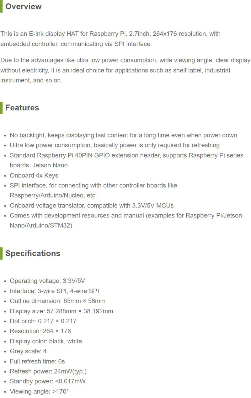  [AUSTRALIA] - Waveshare 2.7inch E-Ink Screen Display HAT for Raspberry Pi 264x176 Resolution Electronic E-Paper with Embedded Controller Communicating via SPI Interface