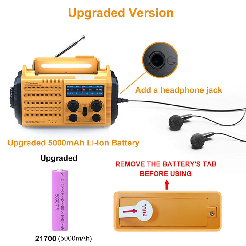 Weather Radio Raynic 5000mAh Solar Hand Crank Emergency Radio 5 Ways Powered AM/FM/SW/NOAA Weather Alert Portable Radio with Flashlight, Reading Lamp, Cellphone Charger and SOS Alarm (Yellow) - LeoForward Australia