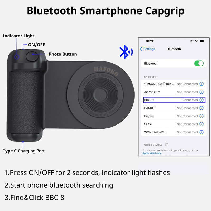  [AUSTRALIA] - HAFOKO Magnetic Smartphone CapGrip Camera Cell Phone Selfie Grip Handle Photo Phone Holder with Bluetooth Wireless Remote Control Compatible for iPhone All Phones Video Shooting Vlog Black