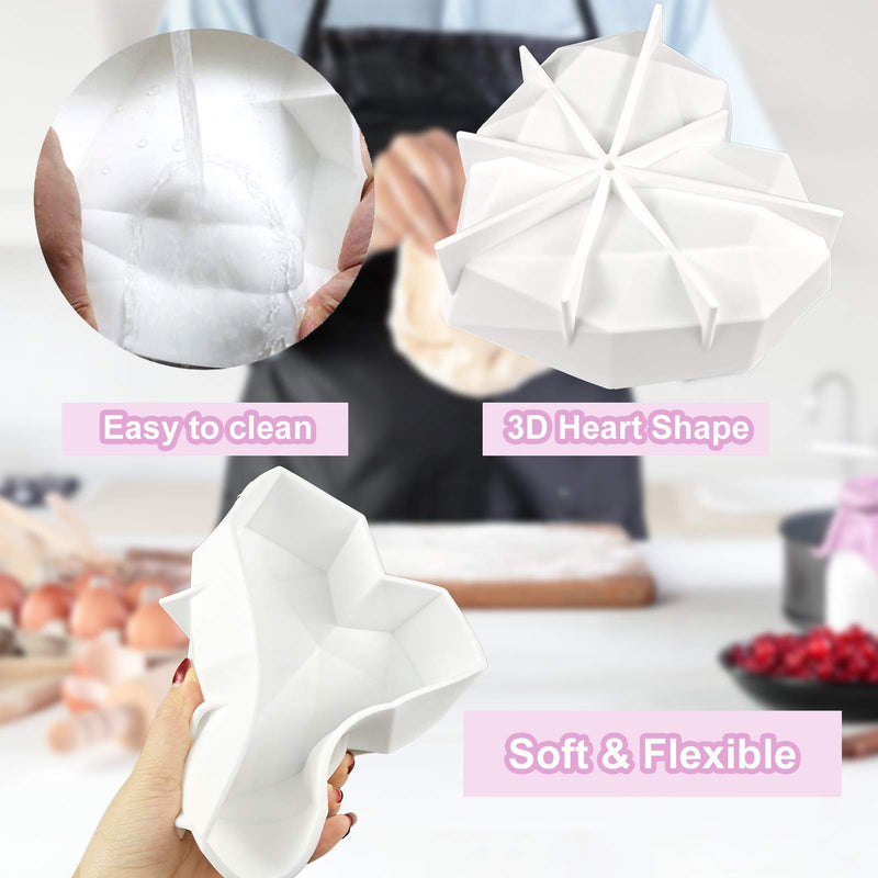  [AUSTRALIA] - Diamond Heart Love Shape Silicone Cake Mold, Silicone Cupcake Mold Oven Safe Chocolate Mousse Dessert Baking Pan with 5Pcs Wooden Hammers& One Ribbon for Home Kitchen DIY Baking
