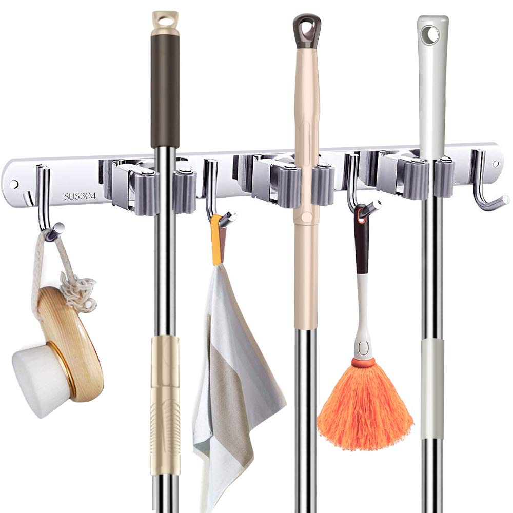  [AUSTRALIA] - Broom and Mop Holder Wall Mount,Heavy Duty with 3 Racks 4 Hooks, Mop and Broom Storage Organizer hanger ,Metal Stainless Steel Wall Mounted Organizer Tools for Garden,Bathroom,Kitchen,Office,Closet...