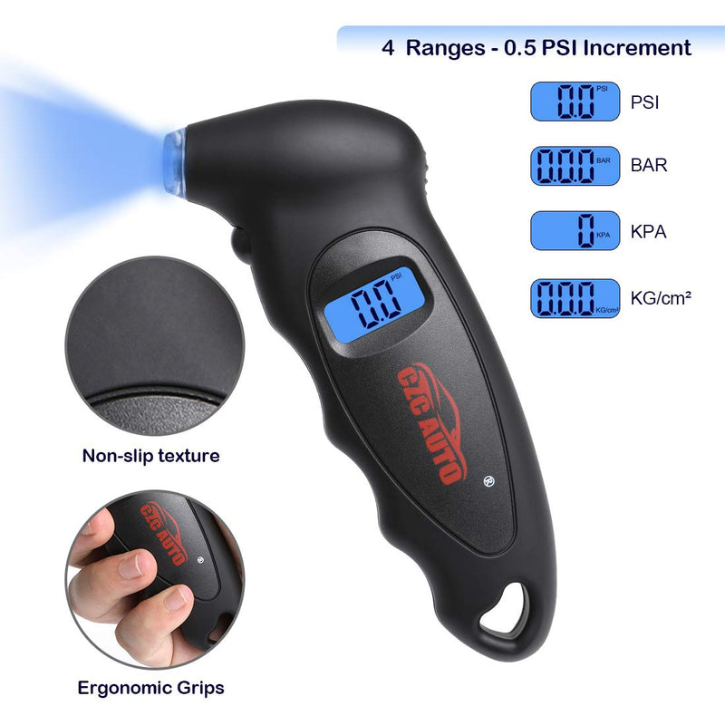  [AUSTRALIA] - CZC AUTO Digital Tire Pressure Gauge Reader Checker 4 Settings Digital PSI Tire Gauge with Lightened Nozzle Backlit LCD for Car Truck Bicycle Motorcycle | Non-Slip Grip, 0-150 PSI (1 Pack, Black) 1 Pack