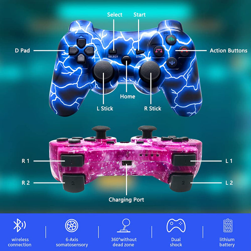 Bowei PS3 Controller Wireless 2 Pack Double Shock Gamepad for Playstation 3 Remotes, Six-Axis Wireless PS3 Controller with Charging Cable, Blue+ Purple - LeoForward Australia