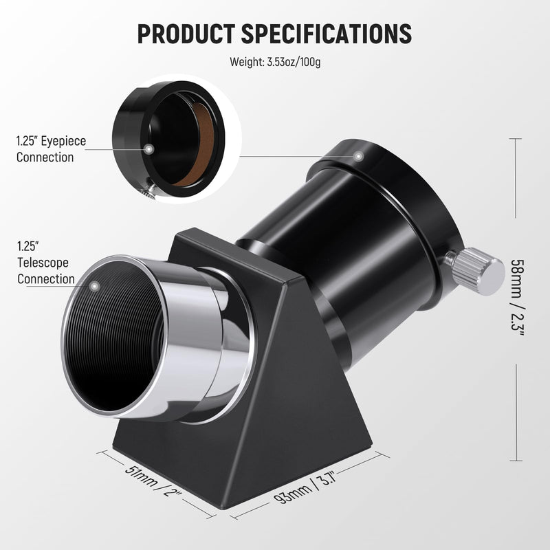  [AUSTRALIA] - NEEWER 1.25in 45 Degree Prism Diagonal for Correct Image, 45° Refractive Optical Prism with 1.25" Eyepiece Adapter and Brass Rings for Astronomical Telescope, LT-T11