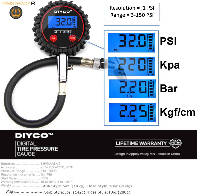 DIYCO D1 Elite Series Digital Tire Pressure Gauge | 5-150 PSI | Professional Grade - LeoForward Australia