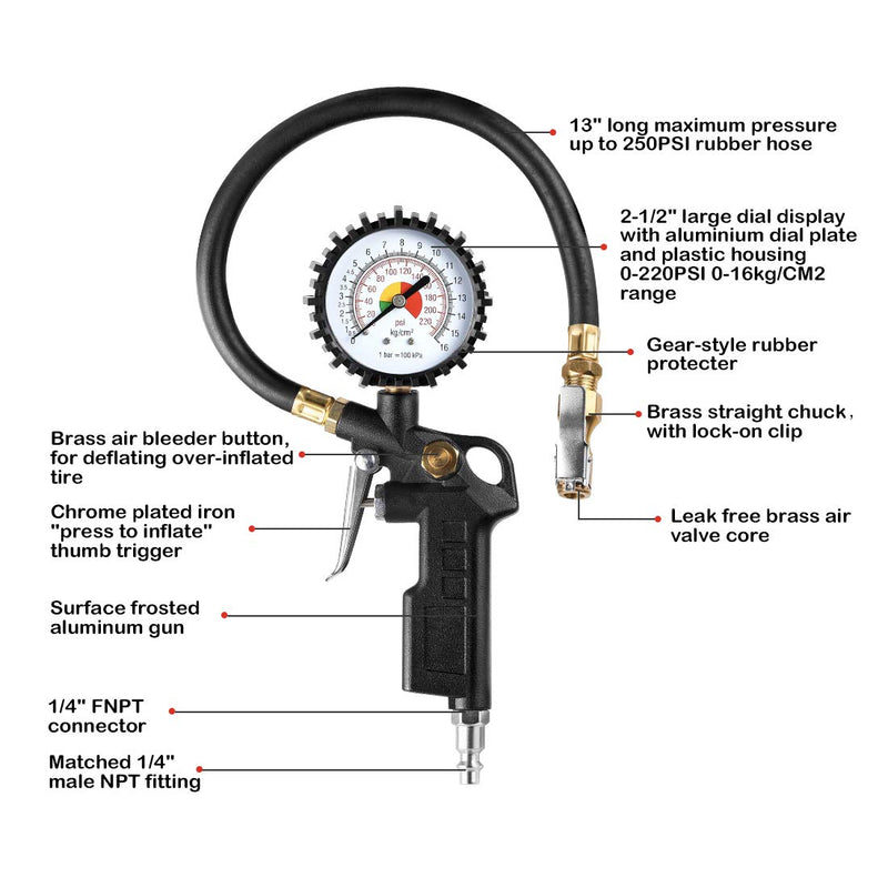 CZC AUTO Tire Inflator Deflator Air Pressure Gauge with Rubber Hose, 2-1/2" Dial Wheel Inflator Gage with Straight Brass Lock-on Chuck Compatible with Air Pump Compressor for RV Car Motorcycle Bike - LeoForward Australia