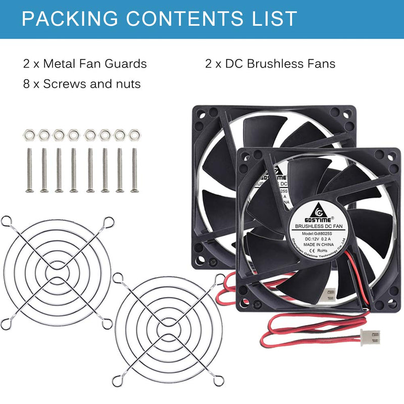  [AUSTRALIA] - GDSTIME 2 Pack 80mm x 80mm x 25mm Dual Ball Bearings DC Brushless Cooling Fan