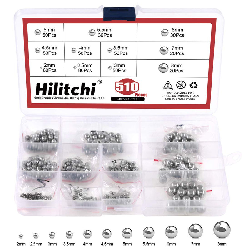  [AUSTRALIA] - Hilitchi 510 Pcs Metric Precision Chrome Steel Bearing Ball Assortment Kit