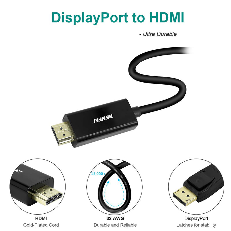  [AUSTRALIA] - DisplayPort to HDMI 6 Feet Cable, Benfei DisplayPort to HDMI Male to Male Adapter Gold-Plated Cord Compatible with Lenovo, HP, ASUS, Dell and Other Brand 1 PACK Black