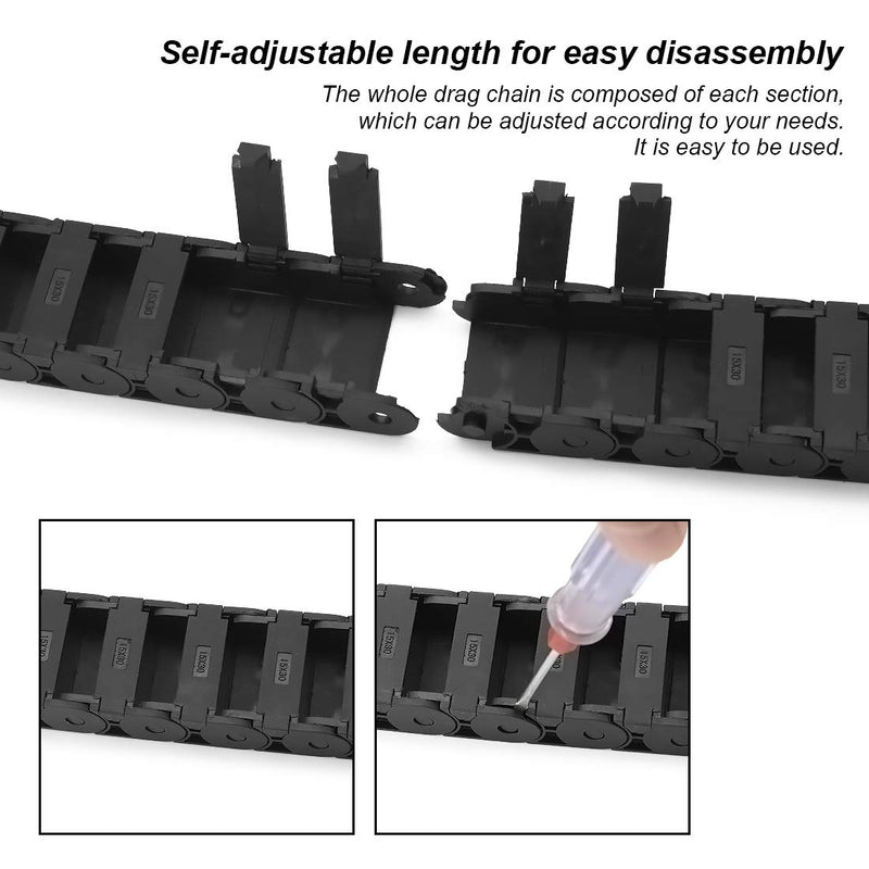  [AUSTRALIA] - LMioEtool R28/38 15mm x 30mm(Inner H x Inner W) Black Plastic Cable Wire Carrier Drag Chain 1M Length for CNC, with End Connectors - Semi Enclosed Type (Inner Side openable) 15*30B