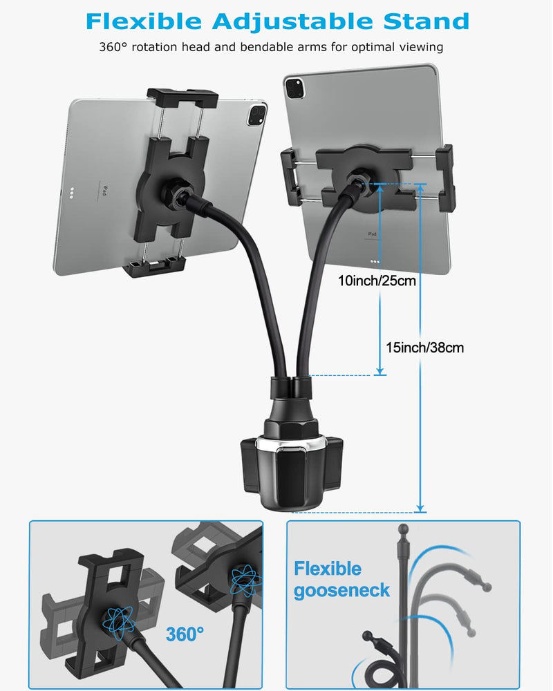  [AUSTRALIA] - Dual Cup Holder Tablet Car Mount for 4.7"-12.9" Phone & iPad - Phichy Gooseneck Double Tablet Mount for Car, Cup Car Tablet Holder Stand Compatible with iPad Pro/Air/Mini, Galaxy Tabs, iPhone, Tablets