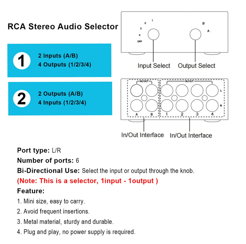  [AUSTRALIA] - LVY Stereo Audio Selector, 4 Way Bi-Directional RCA Stereo Audio Switcher Splitter Box Suitable for Connecting Blu-ray Players or DVD Players to Multiple Stereo Speakers RCA Jack 2IN-4OUT