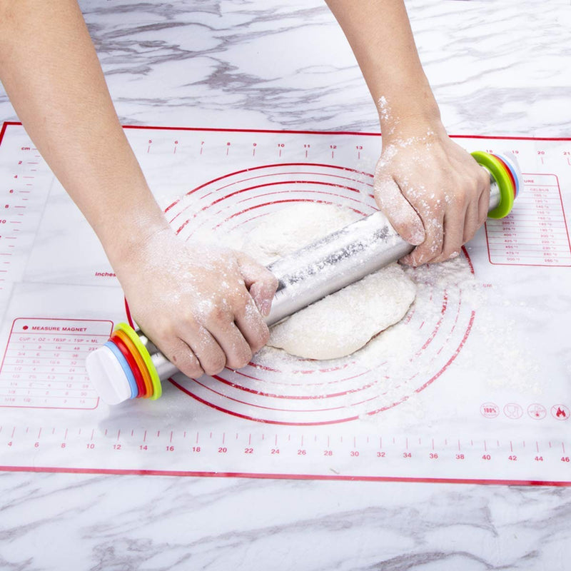  [AUSTRALIA] - Adjustable Rolling Pin with Thickness Rings and Pastry Mat Set for Baking Cookie Chapati Fondant Dough Pastry Pizza Pie Crust, Stainless Steel Roller Pin, Red Mat