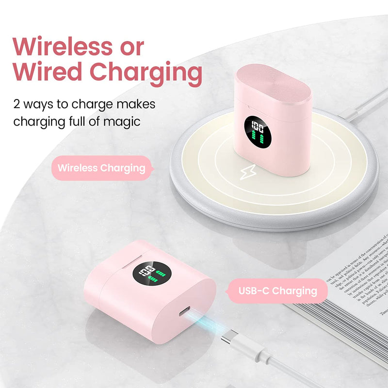  [AUSTRALIA] - MIFA True Wireless Earbuds, TWS Bluetooth Headphones Stereo Sound Earphones, 30H Playtime Wireless Charging Case & Power Display, Sweat Proof Dual Bluetooth 5.0 Headset with Built-in Mic for Sports Pink