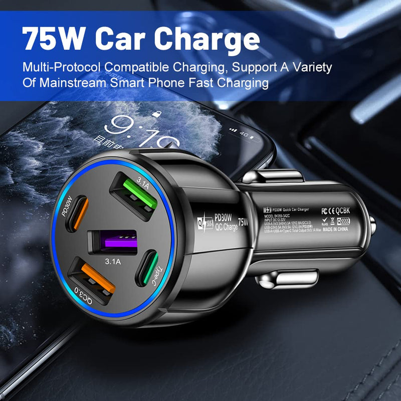  [AUSTRALIA] - 75W USB C Car Charger, PD30W &QC3.0 Fast Charging Car Charger Adapter, 5 Multi Port Type C Cigarette Lighter USB Charger, Car Phone Charger for iPhone/Android/Samsung Galaxy S10 S9 Plus (Black) Black