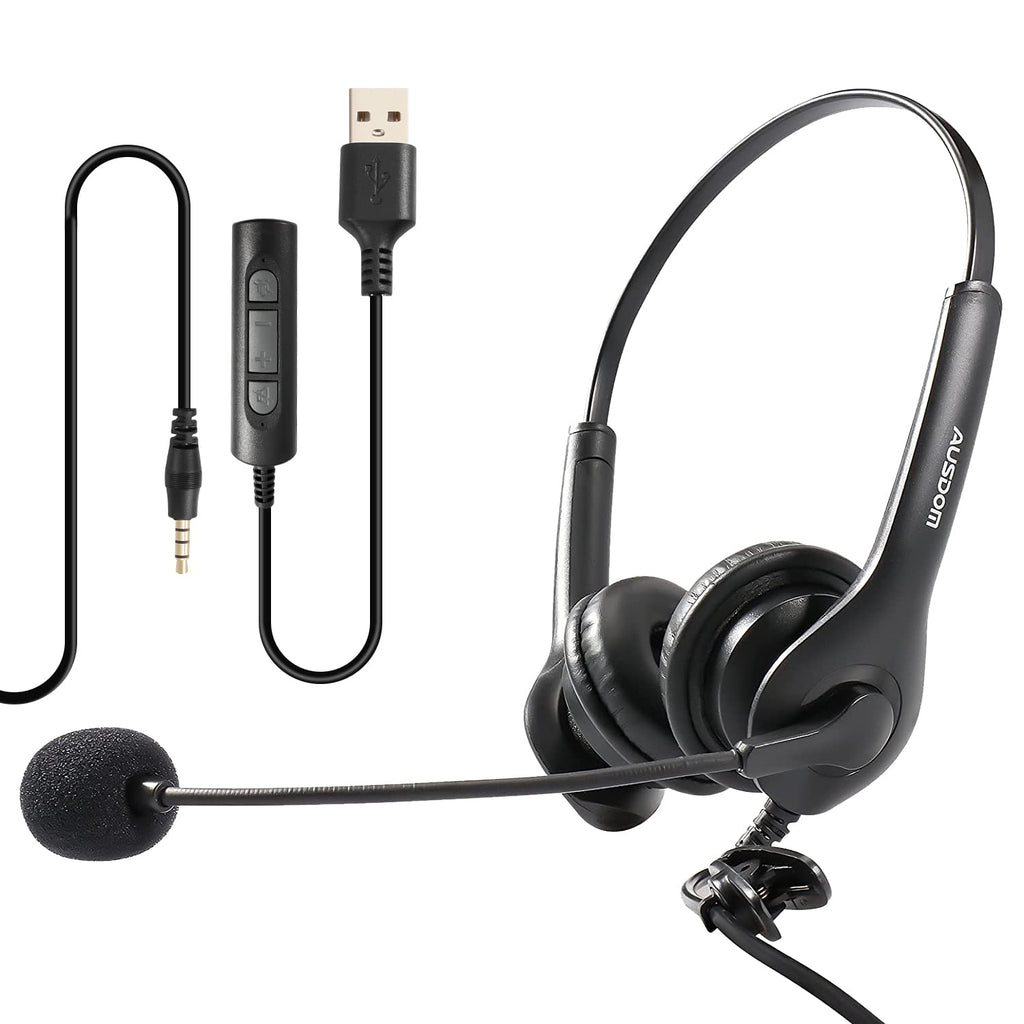  [AUSTRALIA] - USB and 3.5mm Computer Headset with Noise Cancelling Microphone, AUSDOM BS01 Wired Phone Headset Crystal Clear with Volume Control for Voice Calls Skype Webinars Zoom Meeting PC Laptop Home Office