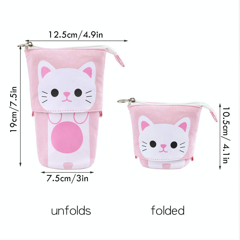 iSuperb Transformer Stand Store Pencil Holder Canvas+PU Cartoon Cute Cat Telescopic Pencil Pouch Bag Stationery Pen Case Box with Zipper Closure 7.5 x 4.9 x 3.0inch/4.1x 3.0inch Pink - LeoForward Australia