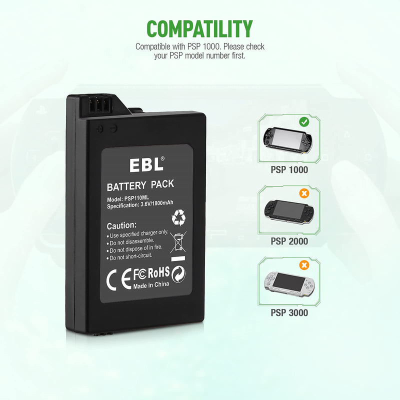  [AUSTRALIA] - EBL Rechargeable Battery Pack High Capacity 1800mAh Battery Pack Compatible with Sony PSP 1000 1001 1800mAh For PSP 1000