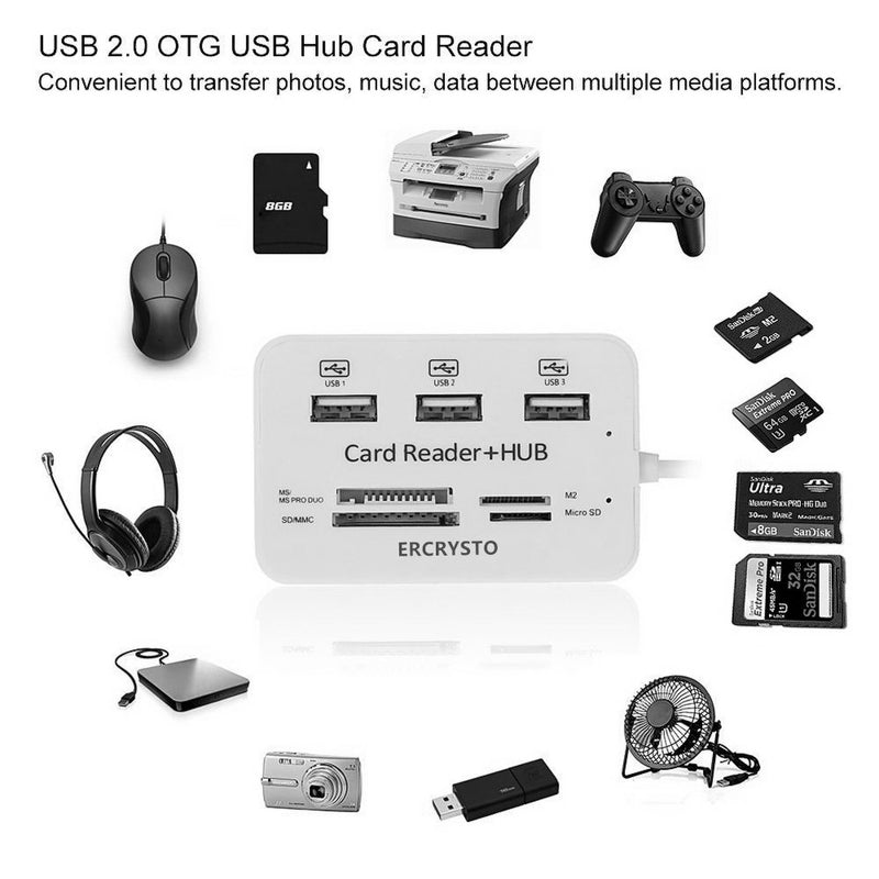 ERCRYSTO Card Reader and 3 Ports USB Hub, High Speed External Memory Card Reader (MS, Micro SD,SD/MMC,M2,TF Card), White. - LeoForward Australia
