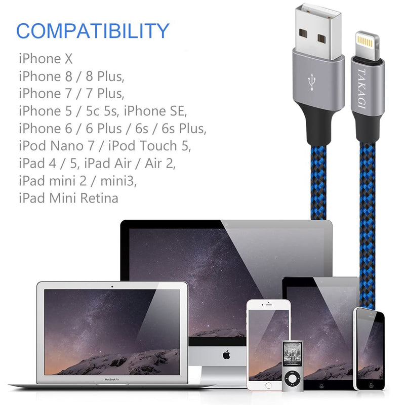  [AUSTRALIA] - iPhone Charger, TAKAGI Lightning Cable 3PACK 6FT Nylon Braided USB Charging Cable High Speed Data Sync Transfer Cord Compatible with iPhone 13/12/11 Pro Max/XS MAX/XR/XS/X/8/7/Plus/6S/6/SE/5S/iPad Blue