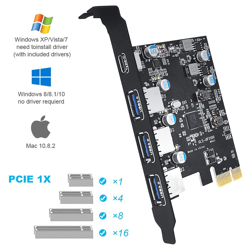  [AUSTRALIA] - PCI-E to USB3.0 Super Fast Expansion Card 4 Ports(1xUSB-C-3xUSB-A), PCI Express USB Add in Card, Internal Converter PCI Express Expansion Card for Desktop PC Card, Support WindowsXP/7/8/10 and MAC OS UP 3100