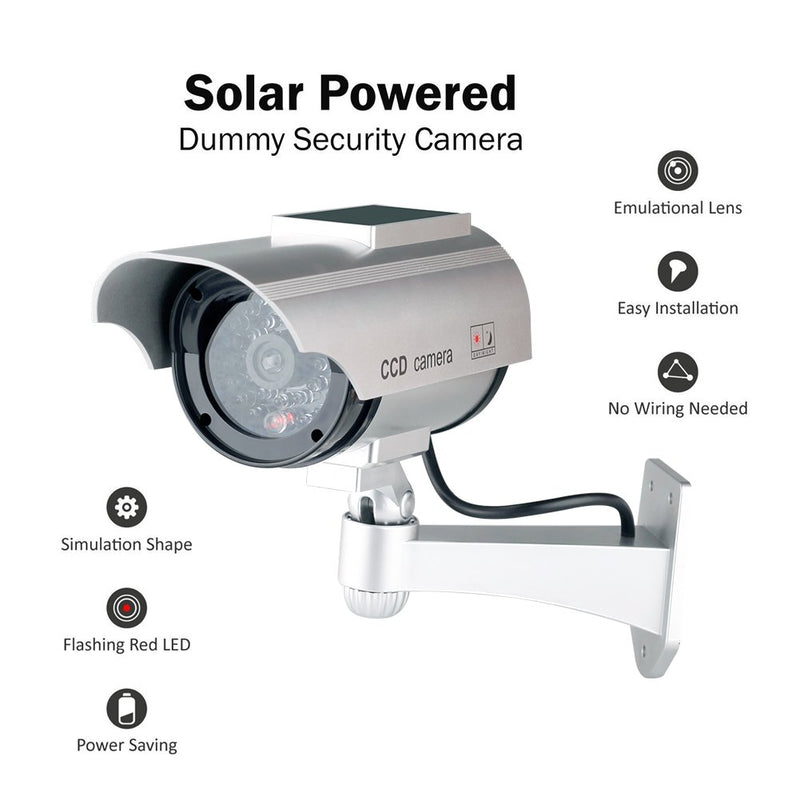  [AUSTRALIA] - Dummy Fake Security Camera,ISEEUSEE Solar Powered Fake Surveillance Camera with Flash LED Dummy Bullet Simulated CCTV Camera,Indoor Outdoor Use Good for Home/Office/Shop/ Garage - Silver Color