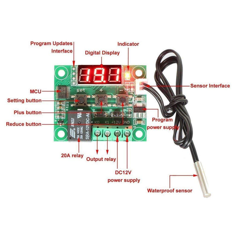  [AUSTRALIA] - HiLetgo 2pcs W1209 12V DC Digital Temperature Controller Board Micro Digital Thermostat -50-110°C Electronic Temperature Temp Control Module Switch with 10A One-channel Relay and Waterproof No Case