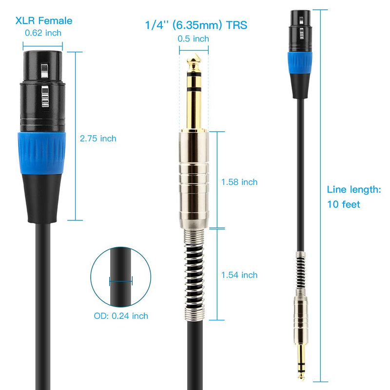  [AUSTRALIA] - XLR Female to 1/4 Inch 6.35mm TRS Plug Balanced Interconnect Cable, XLR to Quarter inch Cable, 10 Feet, for Microphone,Mixer,Guitar,AMP,Speakers - JOLGOO XLR Female to 1/4 TRS Male