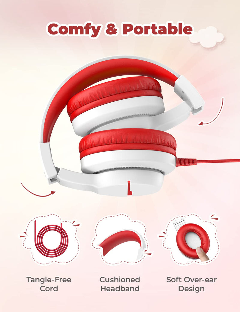 [AUSTRALIA] - iClever HS19 Kids Headphones with Microphone, 85/94dB Volume Limiter - Shareport - Over Ear Stereo Headphones for Kids Boys Girls, Foldable 3.5mm Jack Wired Headphones for iPad/School/Travel, Red White