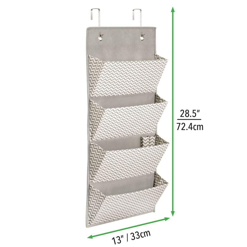 mDesign Soft Fabric Wall Mount/Over Door Hanging Storage Organizer - 4 Large Cascading Pockets - Holds Office Supplies, Planners, File Folders, Notebooks - Chevron Zig-Zag Print - Taupe/Natural - LeoForward Australia