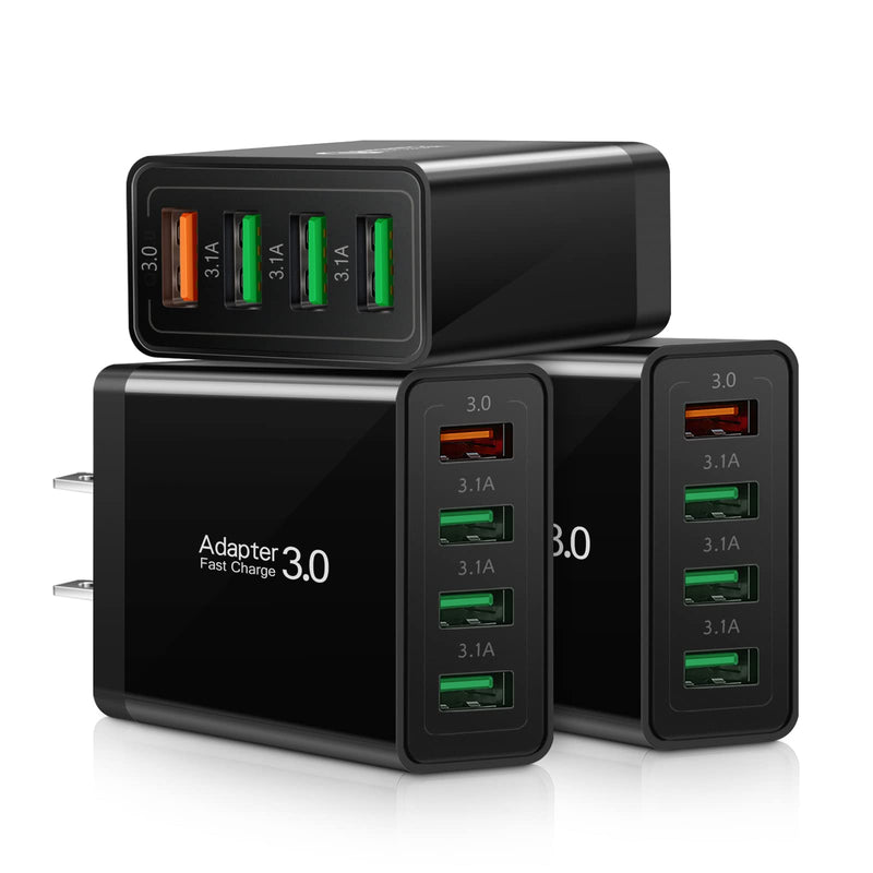  [AUSTRALIA] - iSeekerKit Fast 3.0 Wall Charger, 3-Pack 4 Ports USB Wall Charger Adapter Fast USB Charging Block Compatible for Wireless Charger, Samsung Galaxy S9/S8 Note 8/9, iPhone, Pad, Tablet and More-Black Black