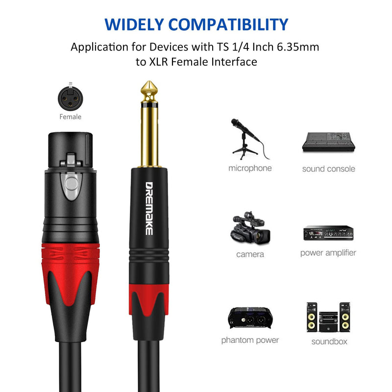  [AUSTRALIA] - DREMAKE 10 Foot XLR Female to 1/4'' Mono Unbalanced Cable, 3-Pin Female XLR to Male 1/4'' Patch Cord, 6.35mm 1/4'' TS Male to XLR Female Audio Stereo Microphone Cable for AMP Stereo System 1/4 to XLR 10FT/3.0M