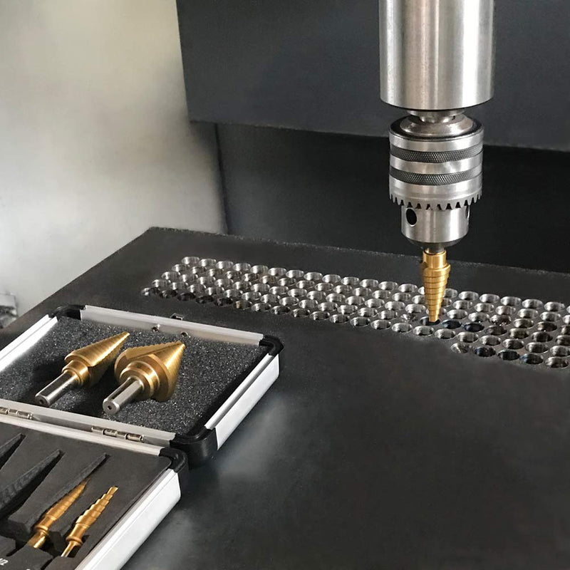  [AUSTRALIA] - COMOWARE Step Drill Bit Set & Automatic Center Punch- Unibit, Titanium Coated, Double Cutting Blades, High Speed Steel, Short Length Drill Bits Set of 5 pcs, Total 50 Sizes with Aluminum Case 6 Pcs Titanium