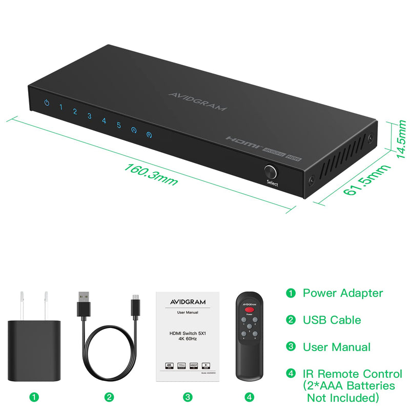  [AUSTRALIA] - HDMI Switch 4K 60Hz, AVIDGRAM HDMI 2.0 Switcher 5 in 1 Out, 5 Port HDMI Selector Box with IR Remote Control Support HDCP 2.2 HDR10 3D 18Gbps for Xbox PS4 Roku HDTV Monitor