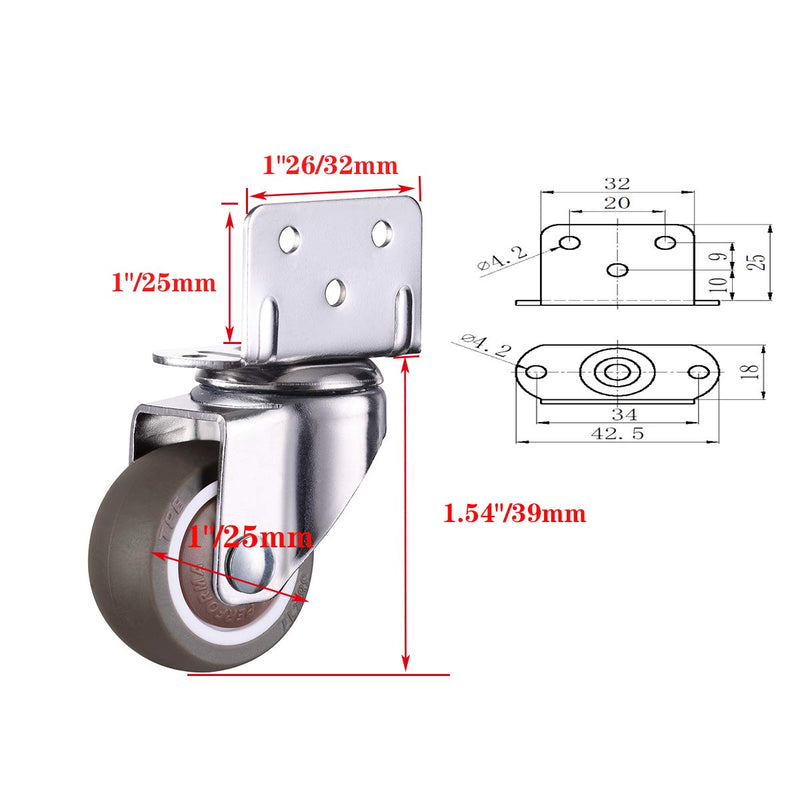  [AUSTRALIA] - AONMTOAN 1 Inches L-Shaped Plate Swivel Caster, with Brake TPE Rubber Caster, Side Mount casters for Loading Capacity 100 Lbs Suitable for Flower Stand, Furniture, Bookshelf,Set of 4