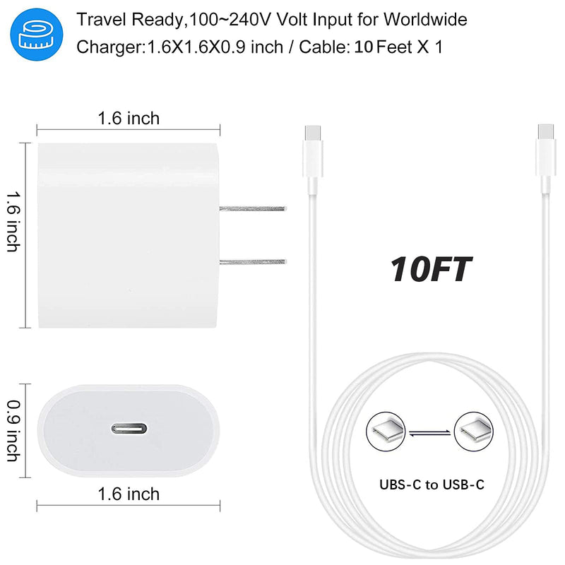  [AUSTRALIA] - 20W USB C Fast Charger with 10ft USB C to C Charging Cord for 2022/2021/2020/2018 iPad Pro 12.9 Gen 6/5/4/3, iPad Pro 11 Gen 4/3/2/1, iPad Air 5th/4th Generation, iPad 10th Generation, iPad Mini 6th White