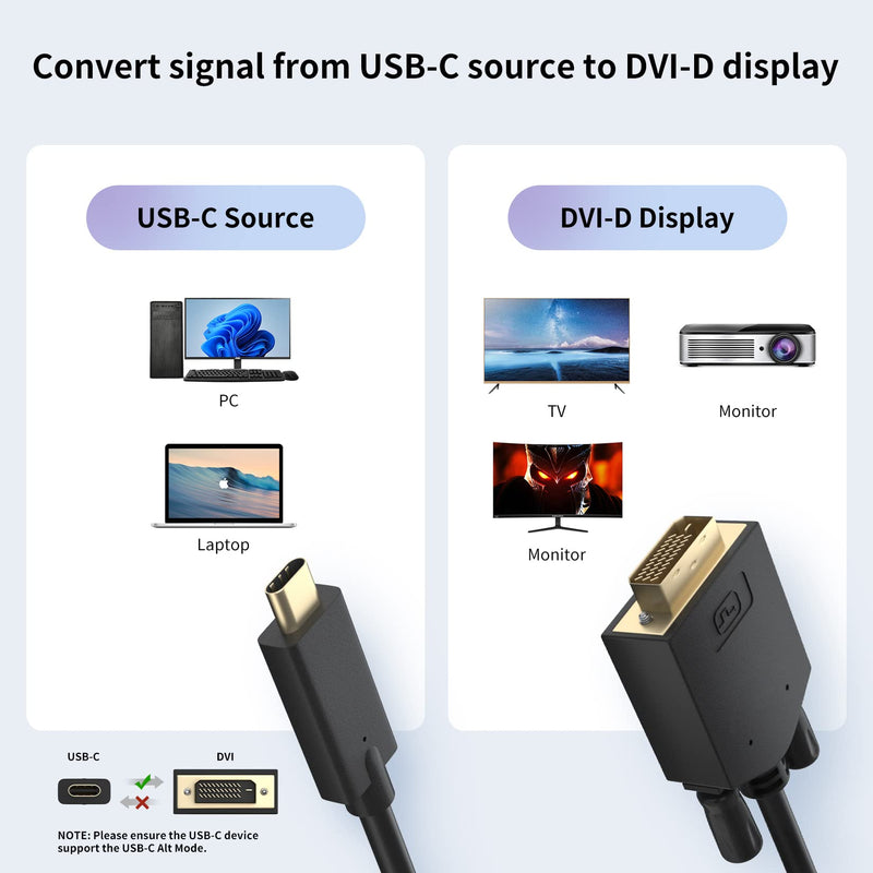  [AUSTRALIA] - USB C to DVI Cable 3ft, USB C to DVI Adapter, BolAAzuL USB Type C/Thunderbolt 3 to DVI Adapter Cable Male to Male for Mac Book Pro 2020/2019/2018/2017, Surface Book 2, Dell XPS 13/15, Pixelbook 3FT/1M