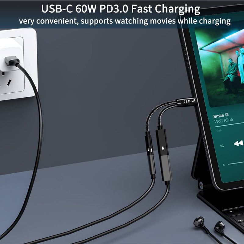  [AUSTRALIA] - Jasput USB Type C to 3.5mm Headphone and Charger Adapter, 2-in-1 USB C to Aux Audio Jack Hi-Res DAC and Fast Charging Dongle Cable Compatible with Pixel 4 3 XL,Galaxy S22 S21 S20 S20+ Note 20 Black-3.5mm Audio Port