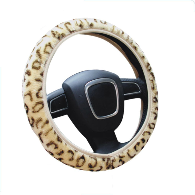  [AUSTRALIA] - Steering Covers,Stylish Leopard Print Short Plush Elastic Vehicle Steering Wheel Cover Non-Slip Auto Universal Car Wheel Protector Guard Trunk Car Accessories Beige+Drawstring Bag