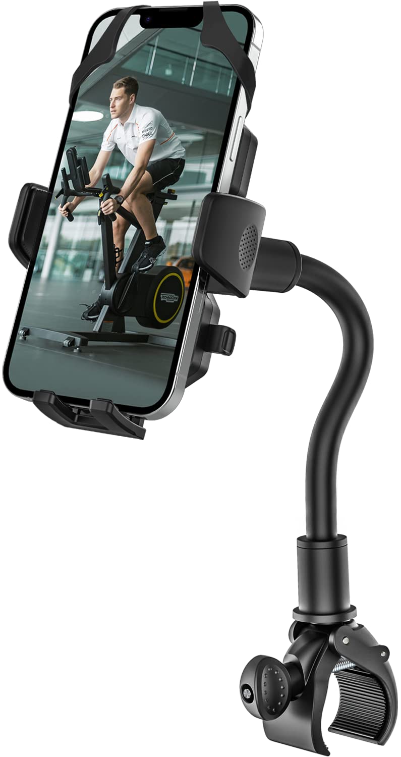  [AUSTRALIA] - woleyi Gooseneck Spin Bike Phone Mount, Handlebar Clip Cell Phone Holder for Exercise Bicycle, Stationary Cycling, Stroller, Gym Treadmill, Mic Stand, for iPhone 14 Pro Max/13/12, S10, 4-7" Smartphone